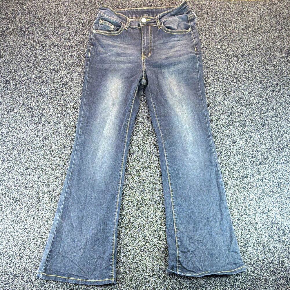 ROMWE Women’s Dark Wash Blue Bootcut Mid Rise 5-Pocket Angel Wing Jeans M